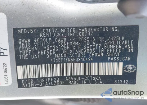 2017 Toyota Camry Se из США, поврежденный, VIN 4T1BF1FK5HU810424